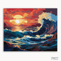 A paint by numbers kit canvas depicting a vibrant seascape with sunset and waves.