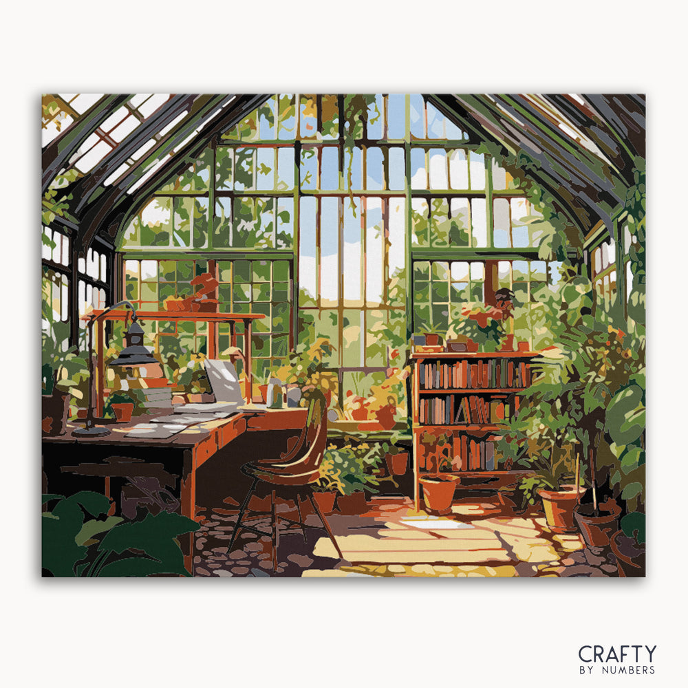 A paint by numbers kit depicting a cozy greenhouse with lush plants and a table with books.