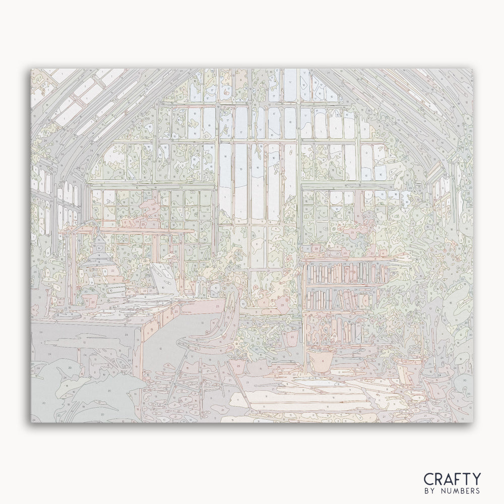 "Botanical Study paint by numbers kit canvas with detailed greenhouse and lush green plants."