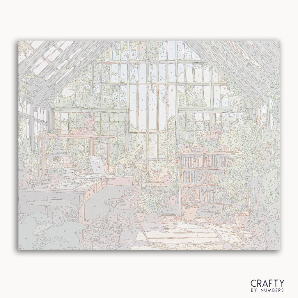 "Botanical Study paint by numbers kit canvas with detailed greenhouse and lush green plants."