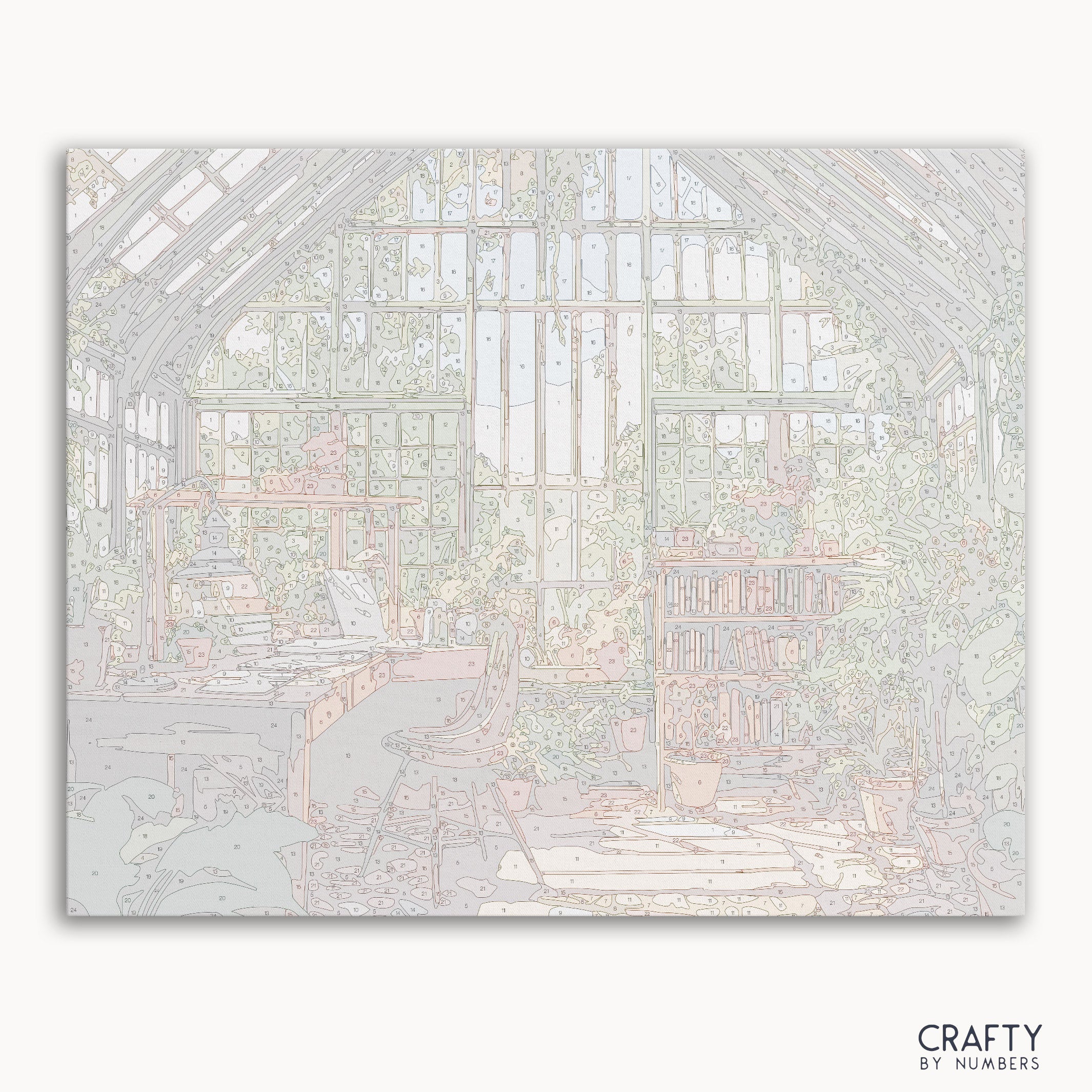 "Botanical Study paint by numbers kit canvas with detailed greenhouse and lush green plants."