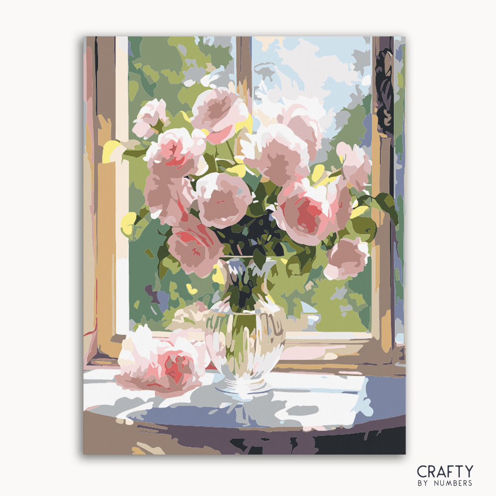 A painting kit representation of a crystal vase with floral designs, kit name 'Crystal Vase Florals' is visible at the bottom.