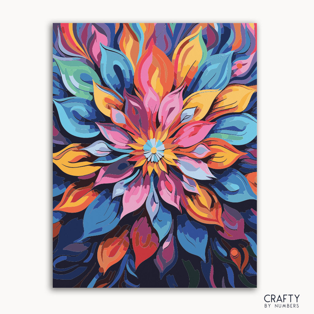 A vibrant paint by numbers kit depicting a flower with petals in multiple colors including red, blue, purple, and yellow on a 40x50cm canvas.