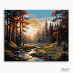 A paint by numbers kit depicting a forest scene with sunset in the background, including a stream and tall trees.