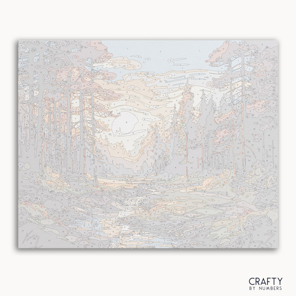 Forest Harmony paint by numbers premium linen canvas with numbered sections for easy painting.