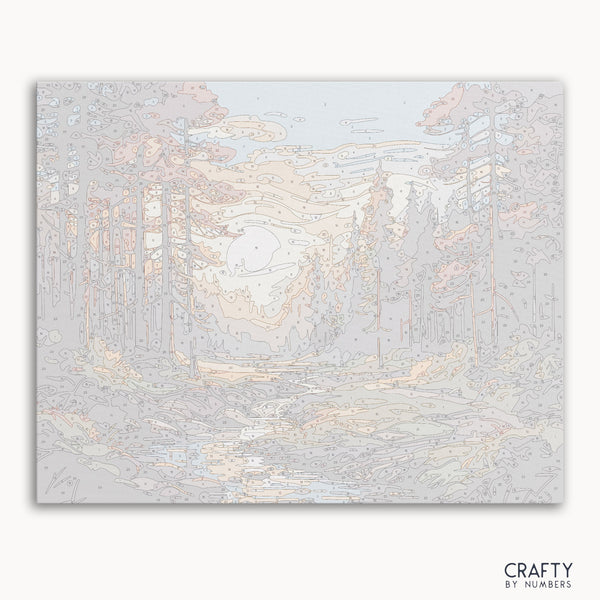 Forest Harmony paint by numbers premium linen canvas with numbered sections for easy painting.