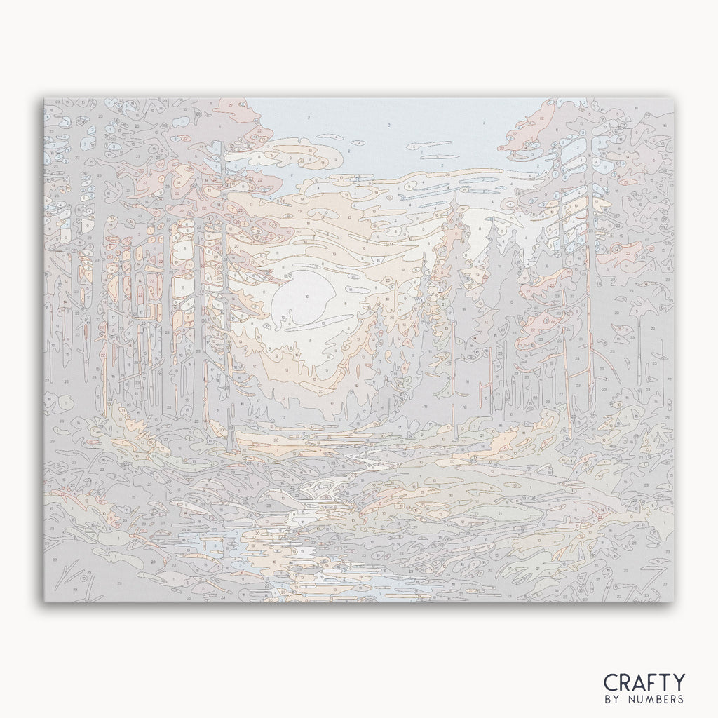 Forest Harmony paint by numbers premium linen canvas with numbered sections for easy painting.