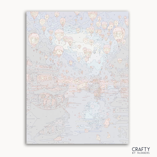 Paint by numbers kit featuring glowing lanterns floating on a calm river at night