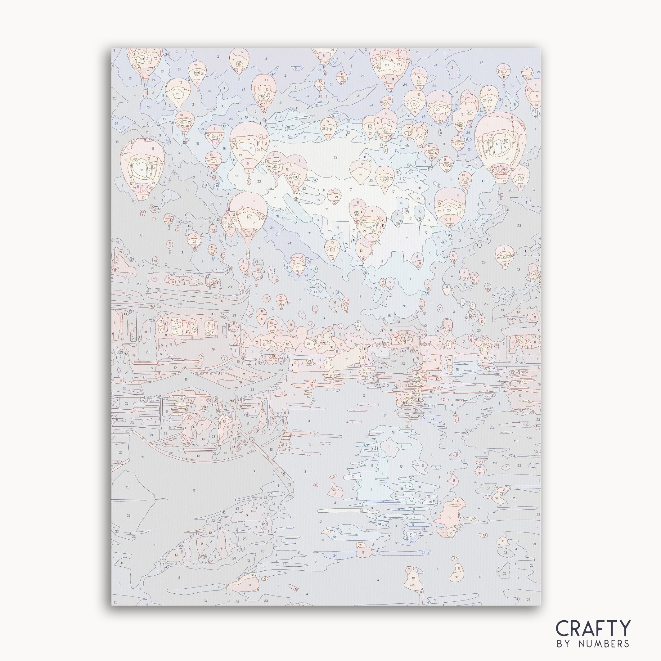 Paint by numbers kit featuring glowing lanterns floating on a calm river at night