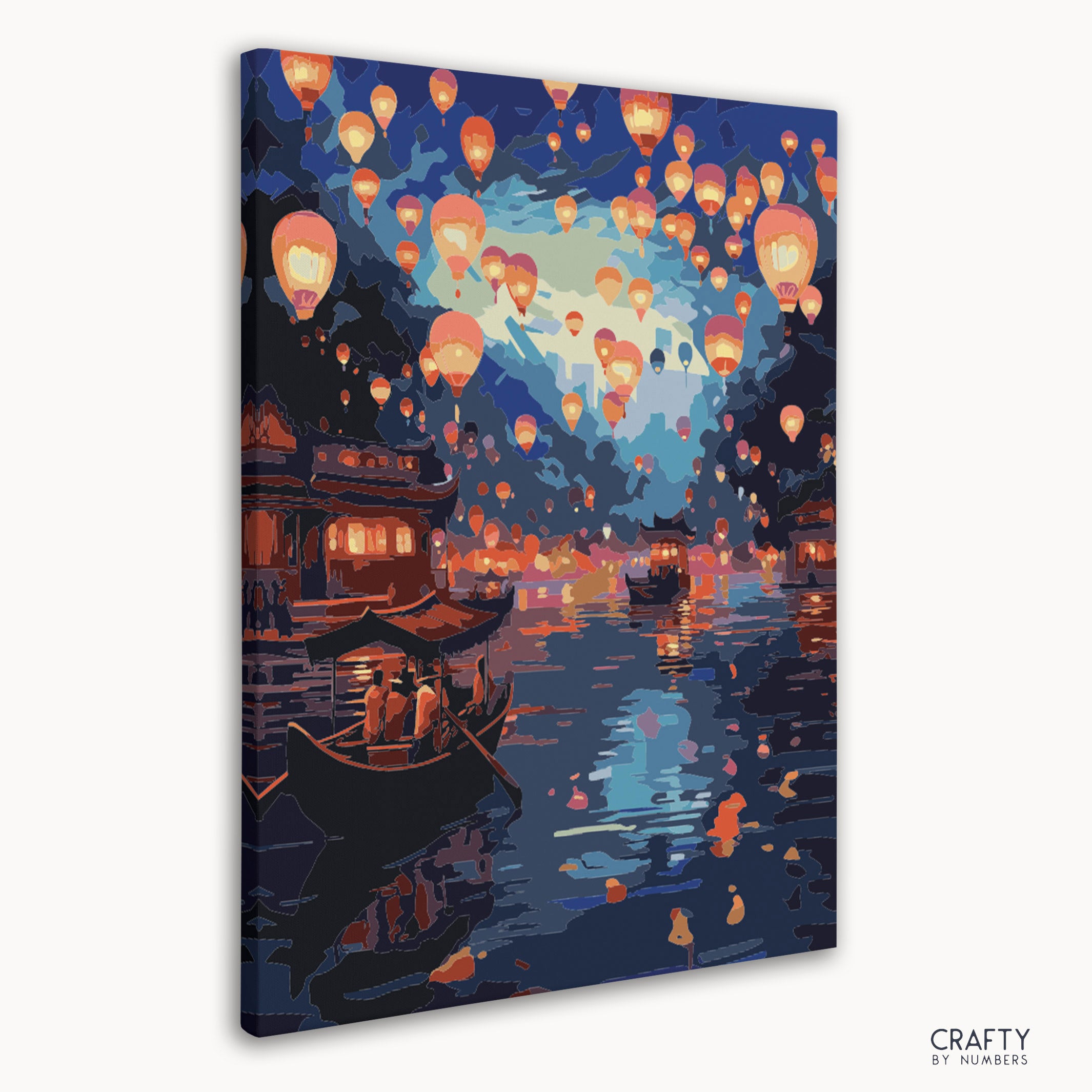 Lanterns on the Water paint by numbers artwork with colorful reflections