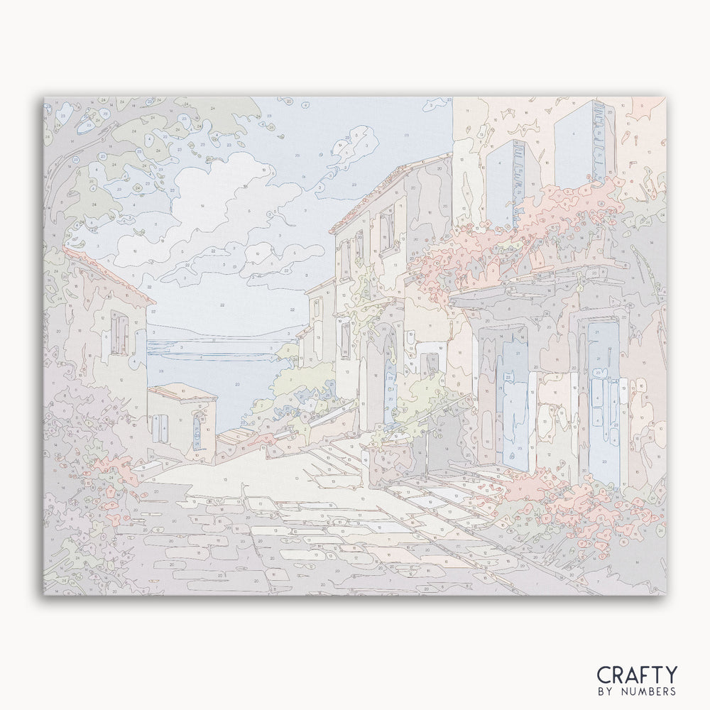 DIY painting set featuring Mediterranean coastal landscape, perfect for creative hobbies.