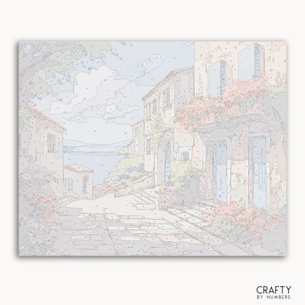 DIY painting set featuring Mediterranean coastal landscape, perfect for creative hobbies.