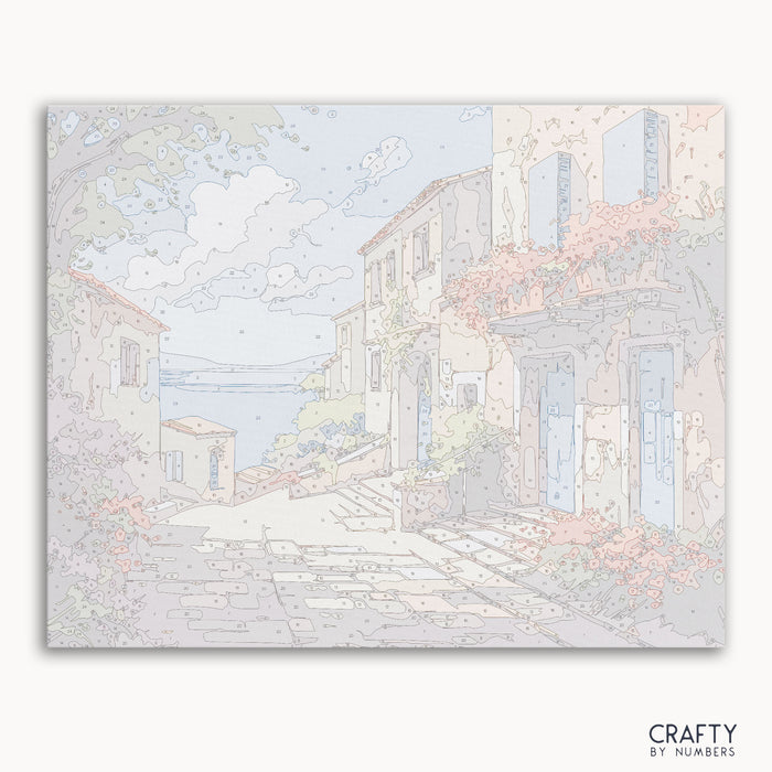 DIY painting set featuring Mediterranean coastal landscape, perfect for creative hobbies.