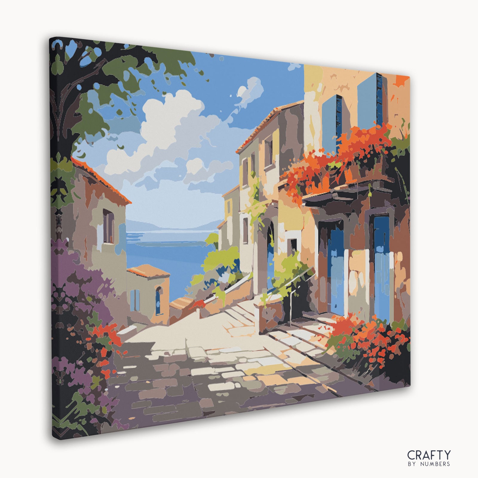 Easy painting kit for adults showcasing a scenic Mediterranean seaside view.