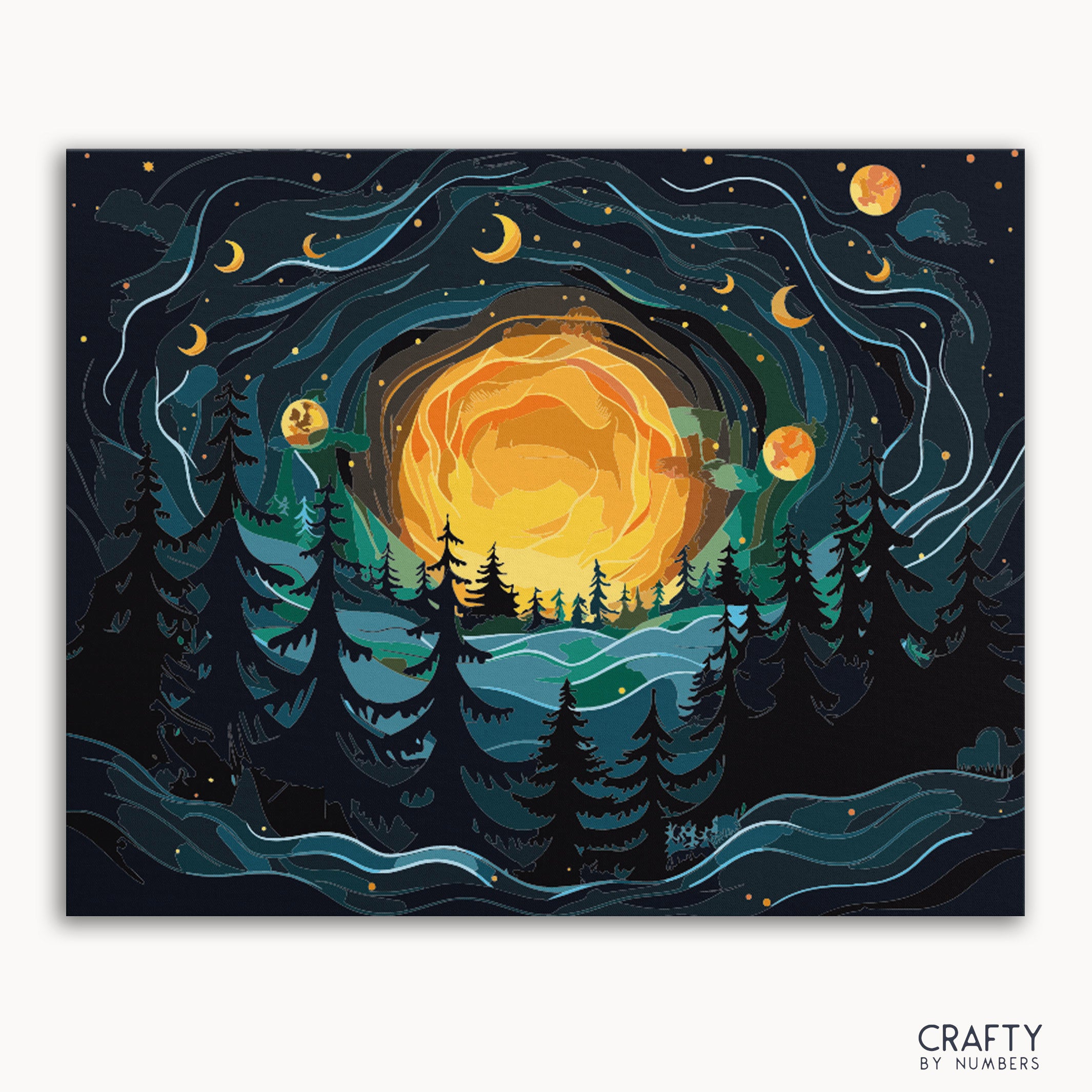 A paint by numbers kit depicting a mystical forest scene with celestial moons in the sky, crafted by Crafty By Numbers.