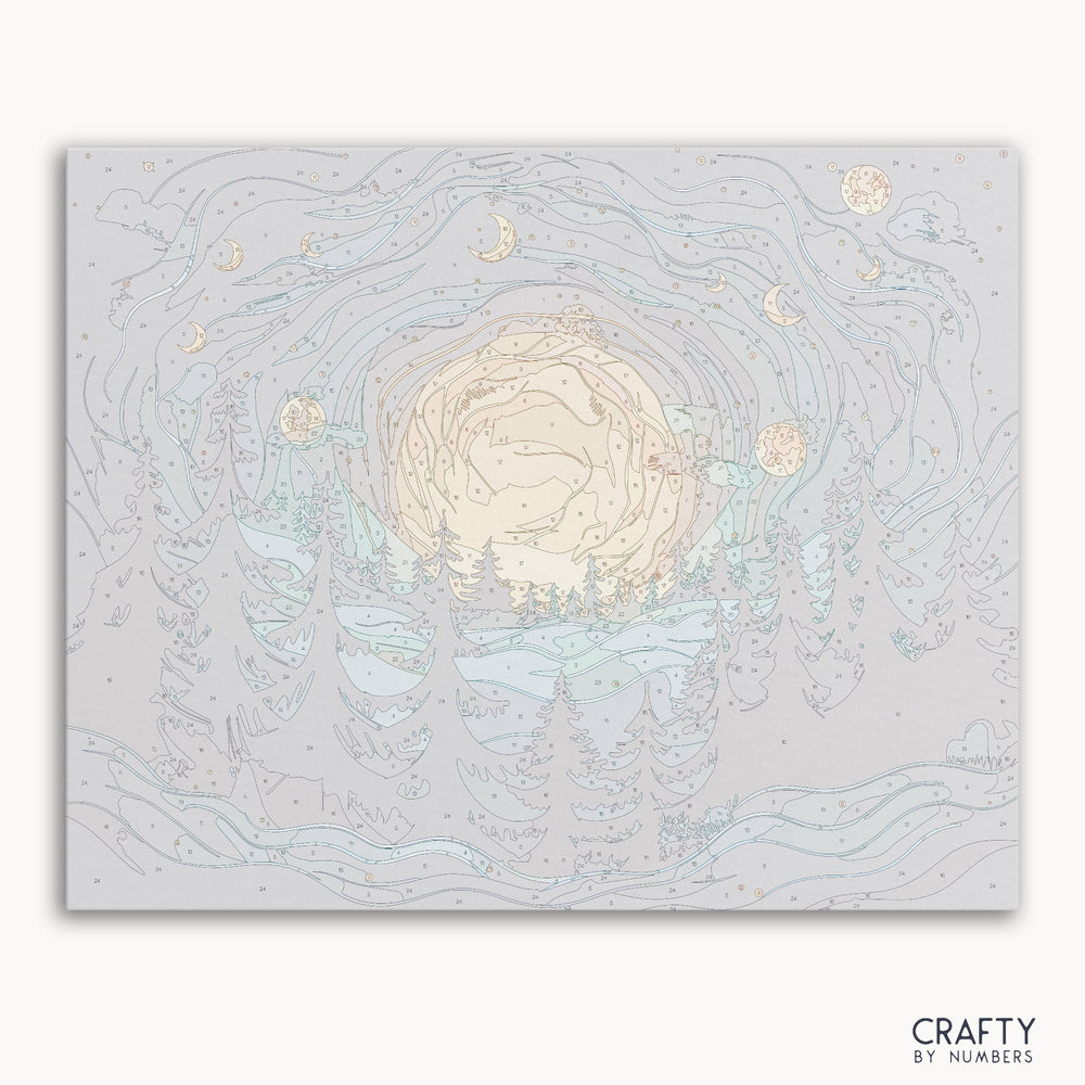 Mystic Moons paint by numbers canvas featuring glowing moons in a night sky