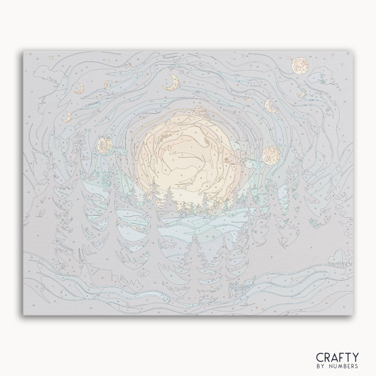 Toile de peinture par numéros Mystic Moons représentant des lunes lumineuses dans un ciel nocturne