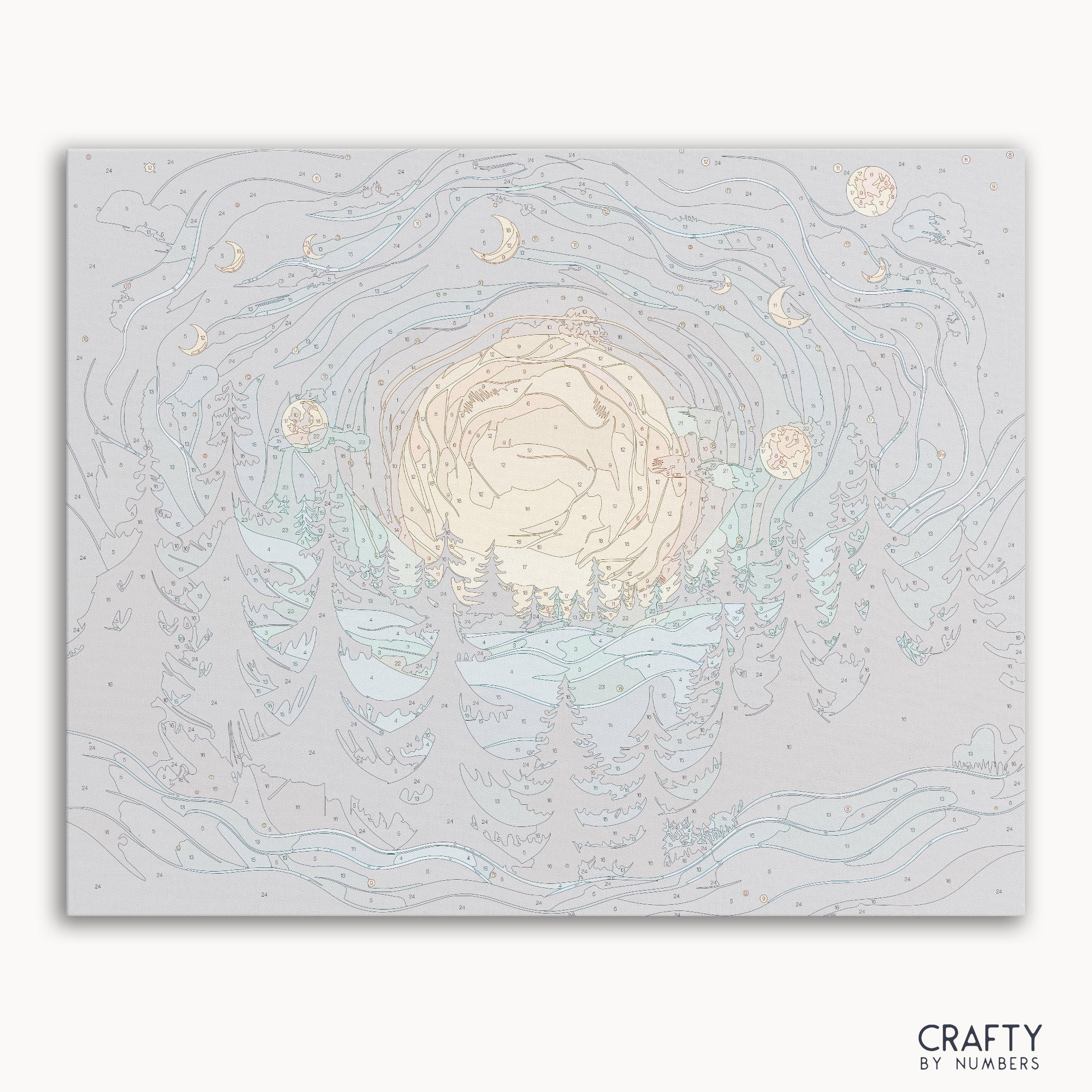 Mystic Moons paint by numbers canvas featuring glowing moons in a night sky