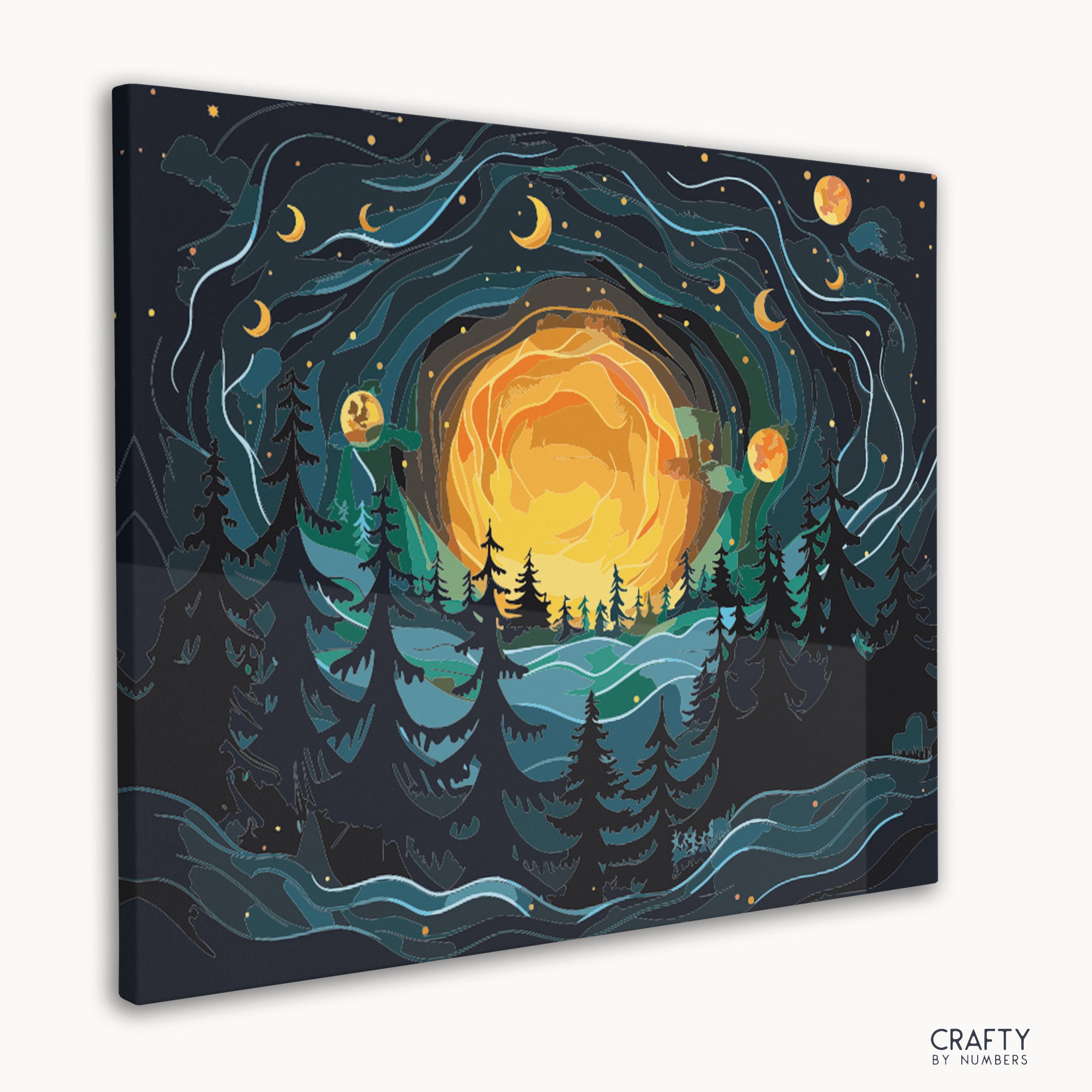 DIY painting kit of a mystical moonlit landscape with detailed outlines