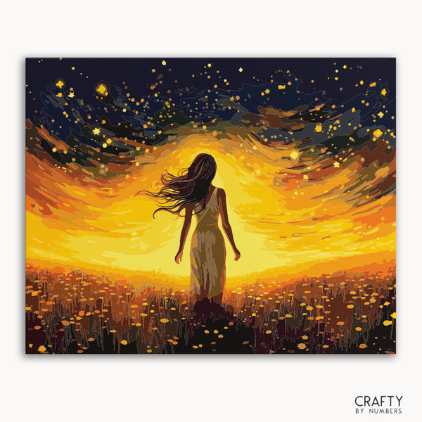 A paint by numbers kit depicting a woman standing in a field of golden flowers with a star-swirled sky in the background.