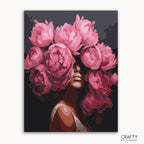 A paint by numbers kit depicting a portrait of a woman with a peony flower design.