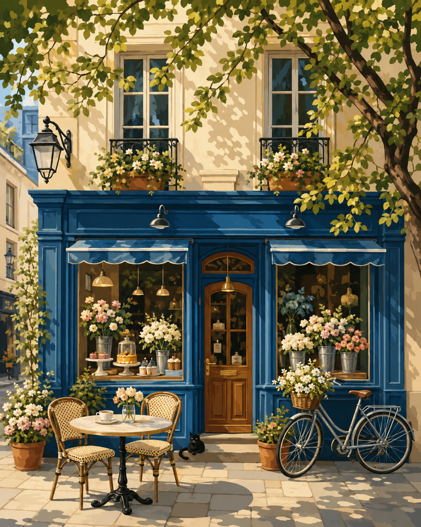Extérieur du café bleu avec des fleurs, des chaises et un vélo dans une rue de la ville.