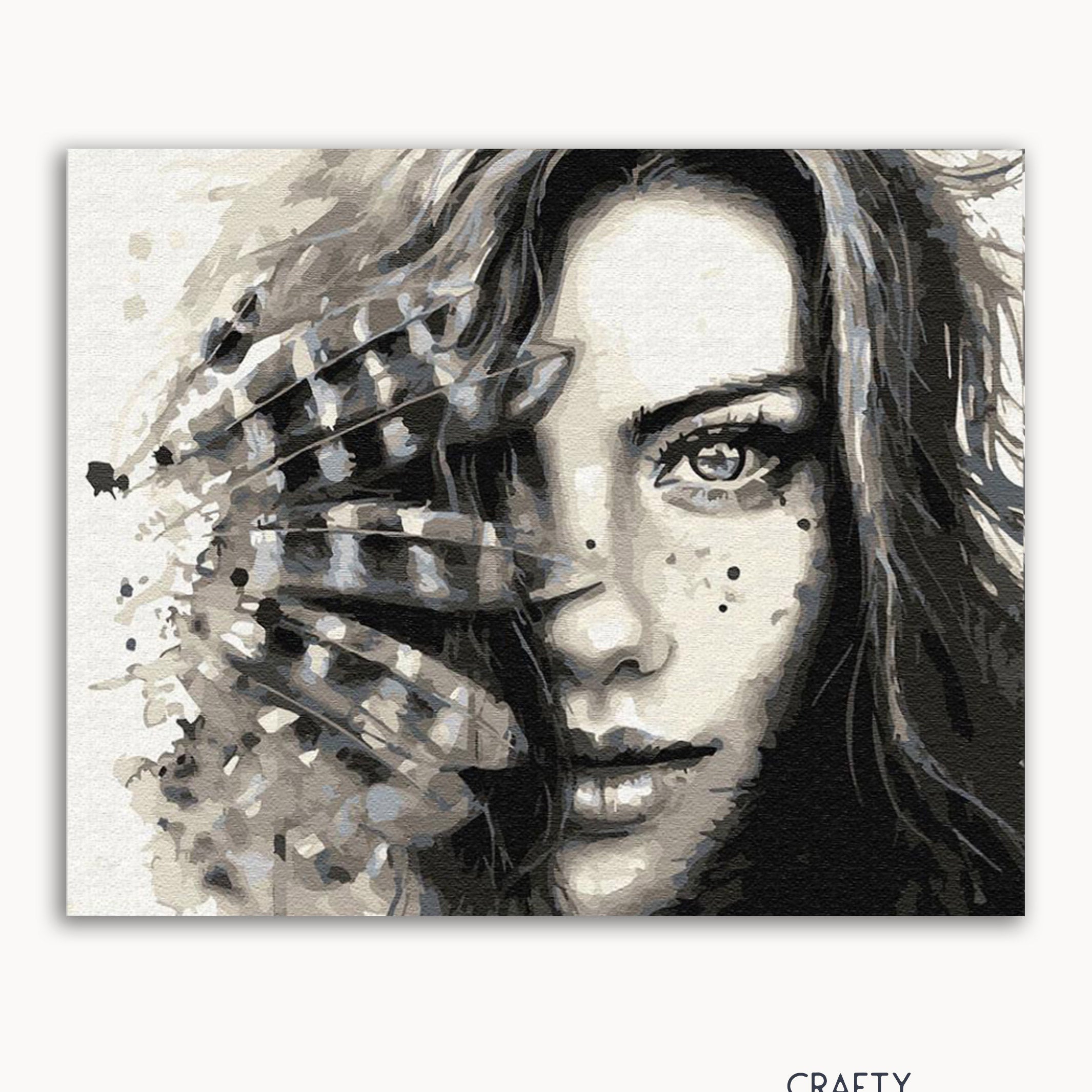 A black and white painting of a woman with her hand near her face, depicting a sense of mystery and complexity.