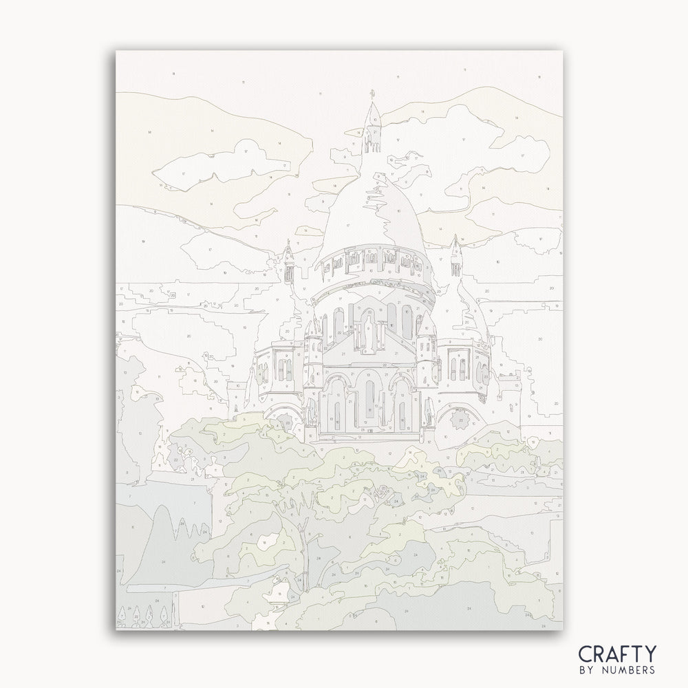 The Sacre Coeur Basilica paint by number featuring a famous paintings style inspired by vincent van gogh famous paintings with vivid brush strokes.
