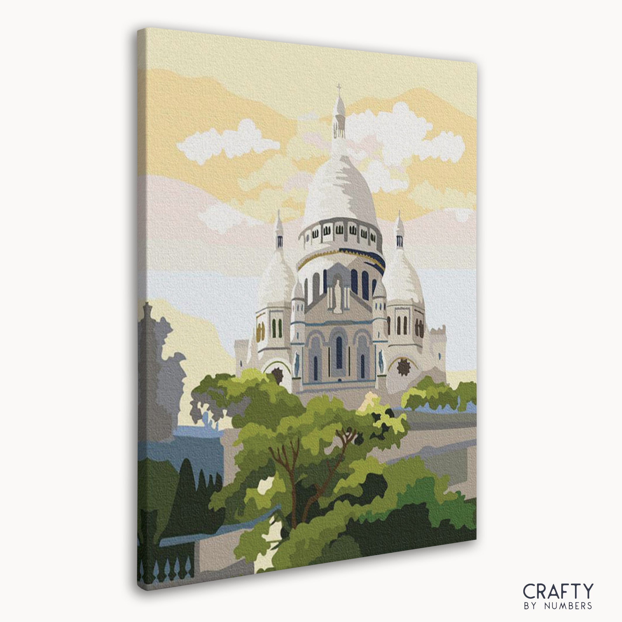 Detailed view of The Sacre Coeur Basilica paint by number blended with elements from most famous paintings and famous landscape paintings.