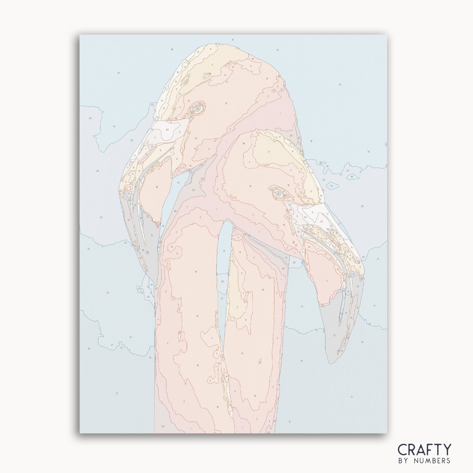Malen nach Zahlen „Flamingo Love“ mit lebendigen Farben, inspiriert von berühmten Gemälden und berühmten Landschaftsgemälden.