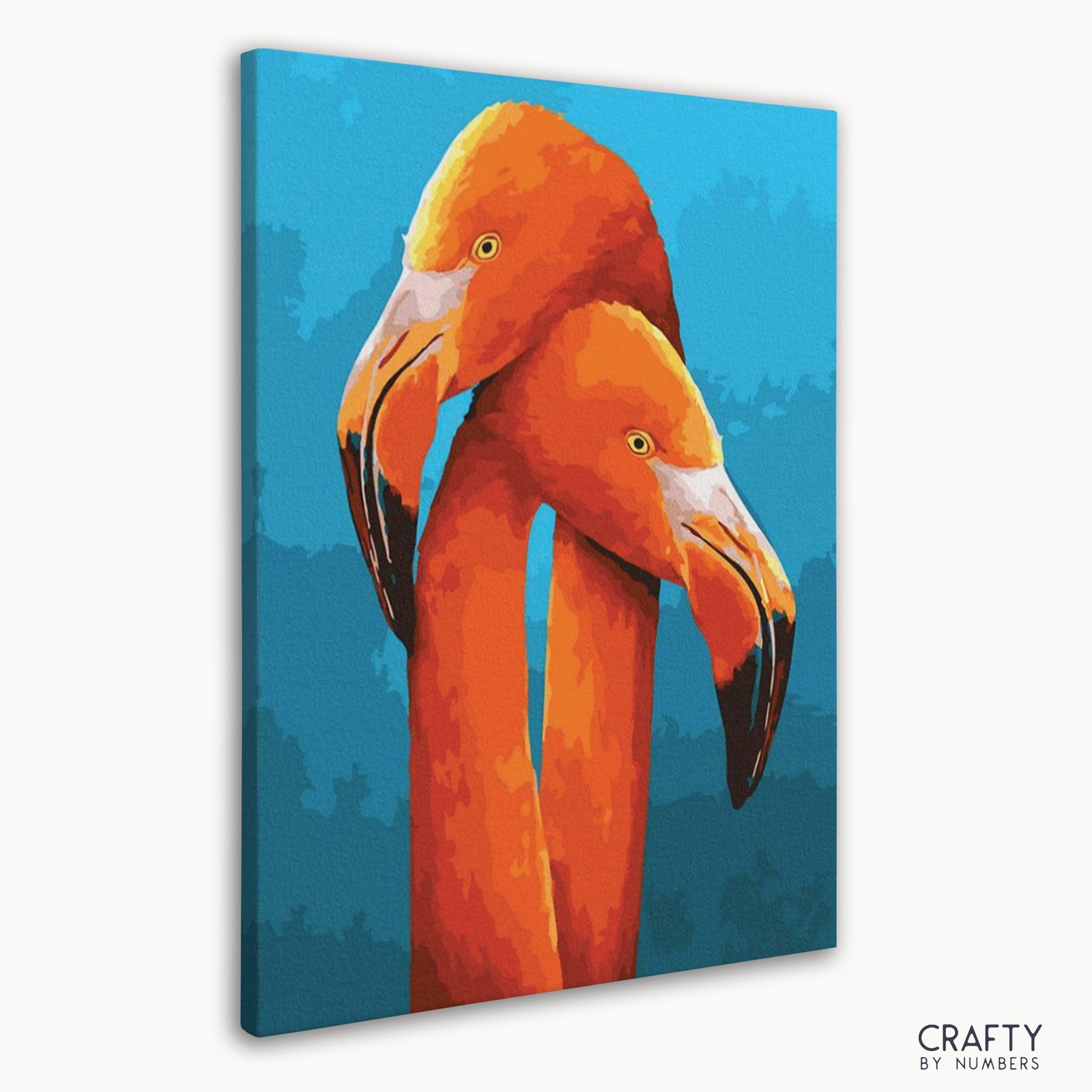 Detailliertes Malen-nach-Zahlen-Kunstwerk „Flamingo Love“, das an Gemälde berühmter Künstler und berühmte abstrakte Gemälde erinnert.