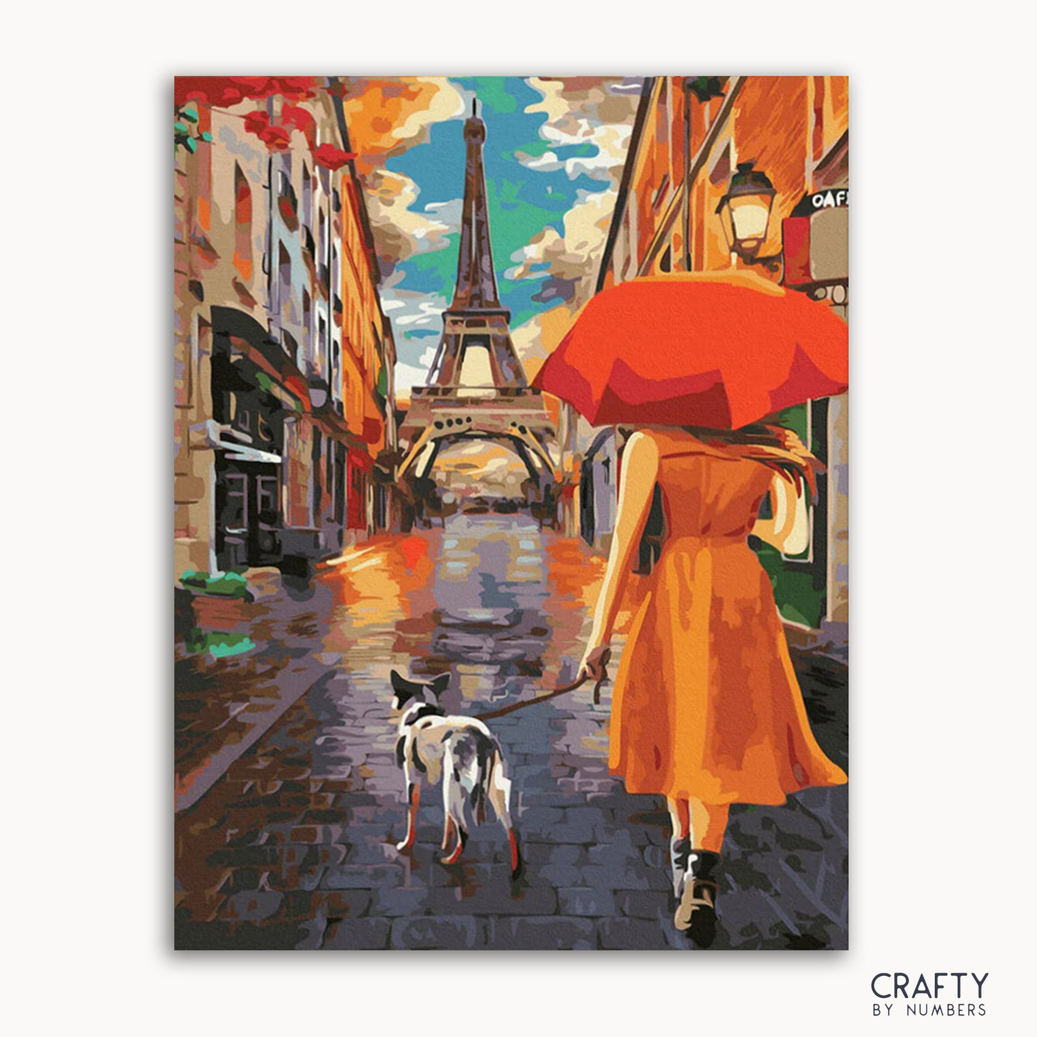 A painting depicting a woman in a yellow dress walking a dog on a street with the Eiffel Tower in the background. The sky is blue with some clouds, and it appears to be a sunny day.