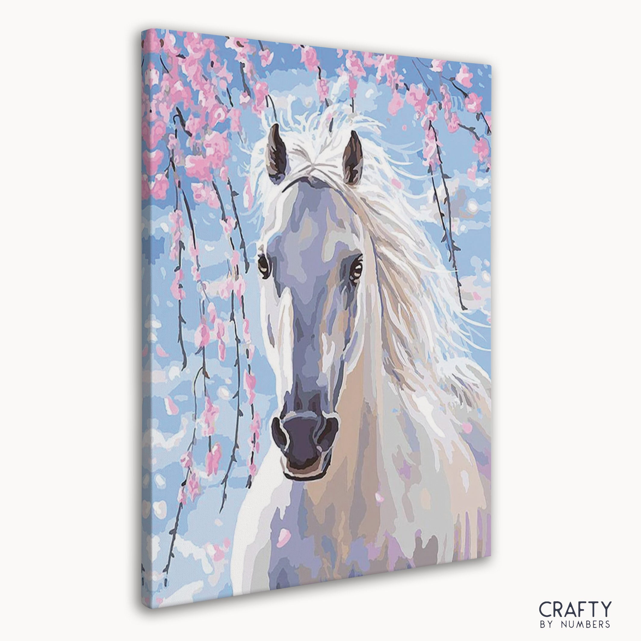 Detailed White Horse paint by number with vibrant colors reflecting famous landscape paintings and famous artists paintings.