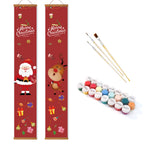 Two Christmas-themed vertical banners with Santa Claus and reindeer, paintbrushes, and paint tubes on a white background.