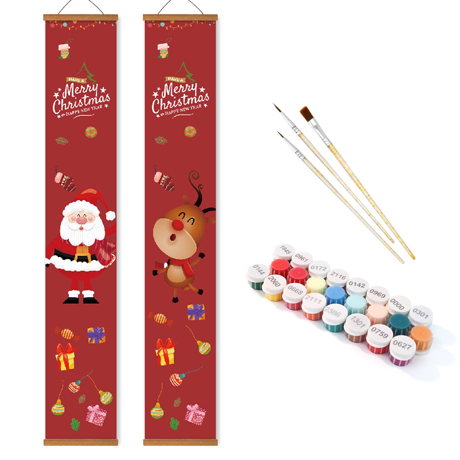 Dos pancartas verticales con temática navideña con Papá Noel y renos, pinceles y tubos de pintura sobre un fondo blanco.