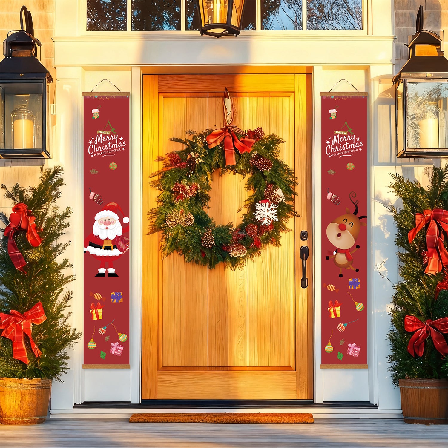 Decorative Christmas wreath on a front door with festive banners and plants.