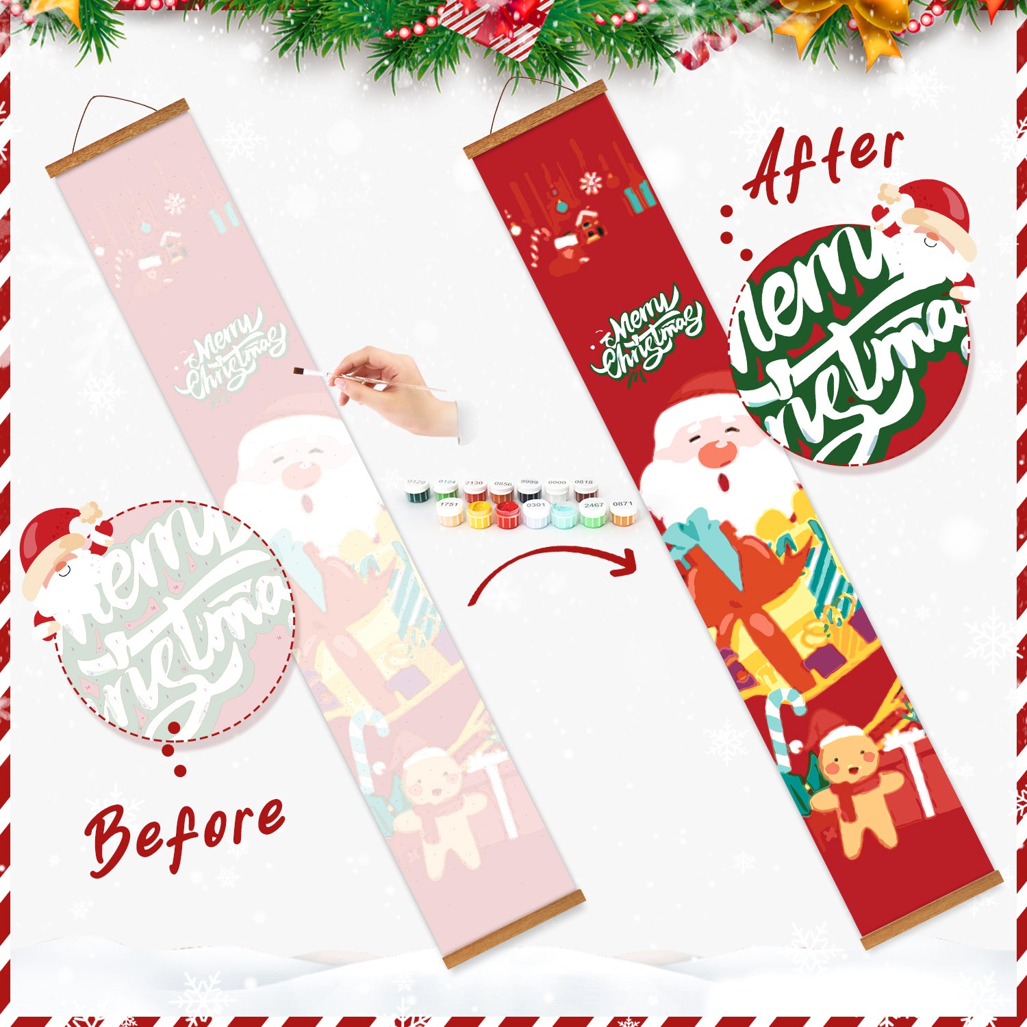 Comparación del antes y el después de un tapiz de temática navideña con elementos decorativos.