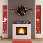 Decorative Christmas scene with a fireplace, wreath, and festive banners.