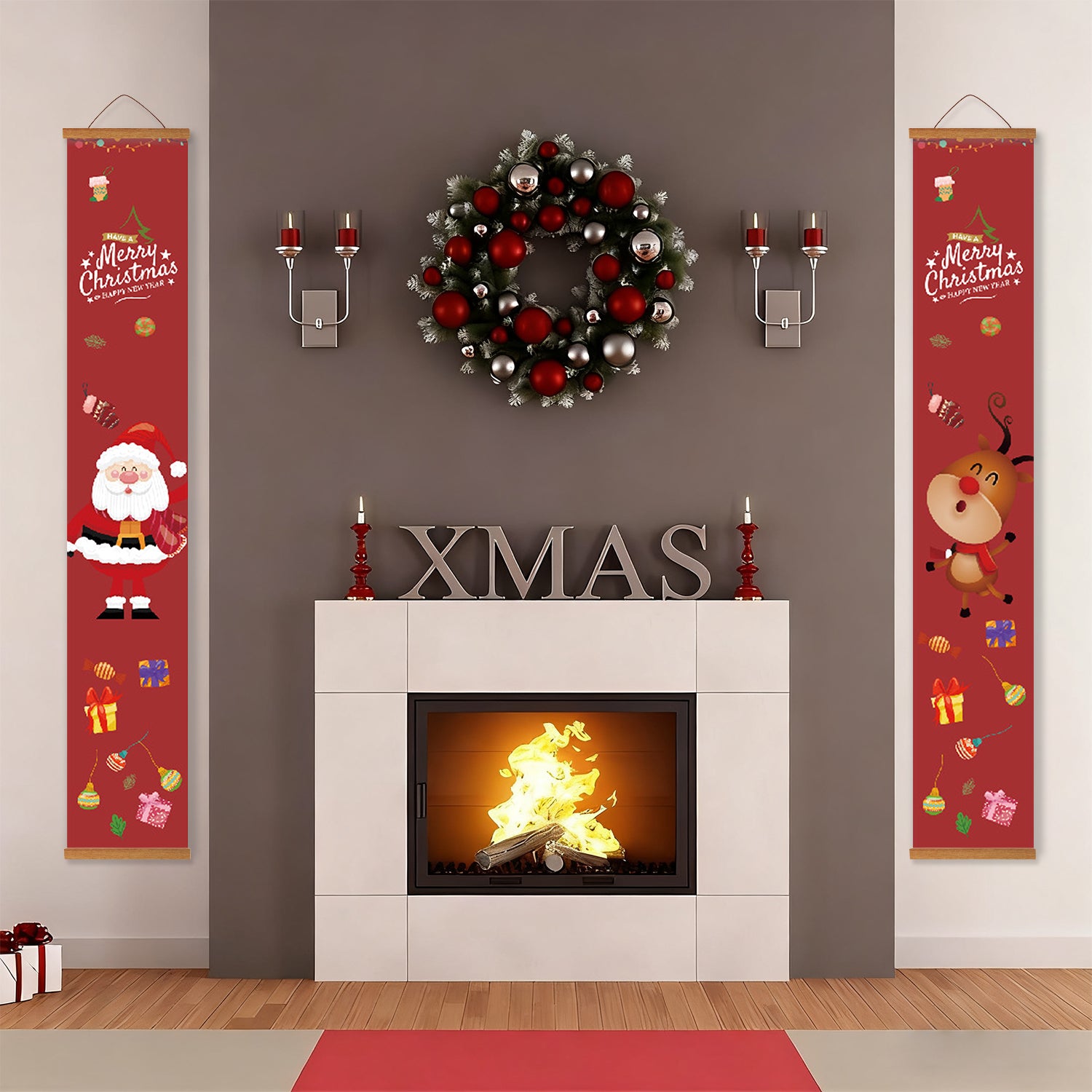 Escena navideña decorativa con chimenea, corona y pancartas festivas.