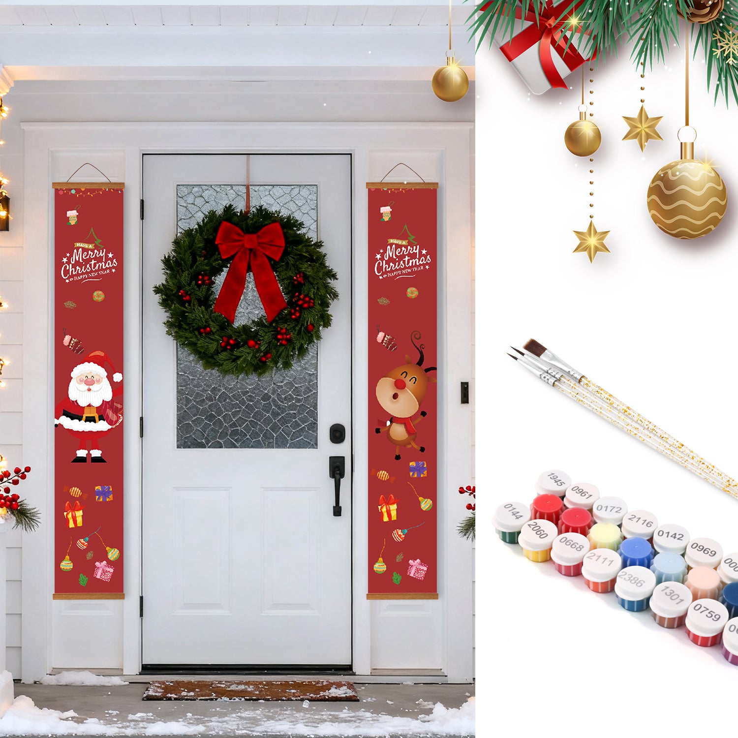 Adornos navideños que incluyen una corona, pancartas y materiales de pintura en una puerta blanca.