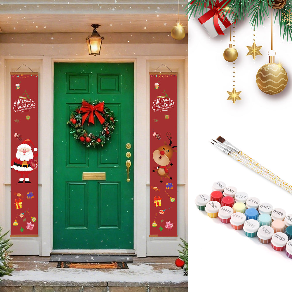 Decorative Christmas door with festive banners and wreath, alongside paint samples and brushes.