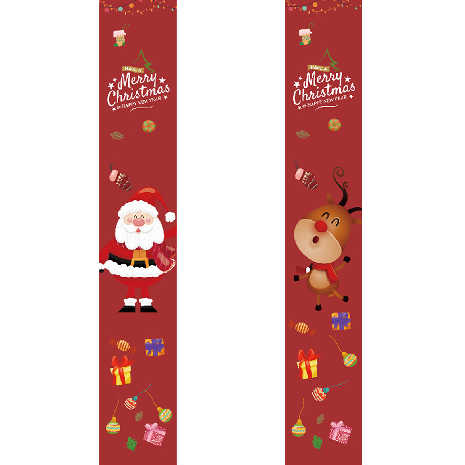 Red Christmas-themed border with Santa Claus, reindeer, and presents on a white background