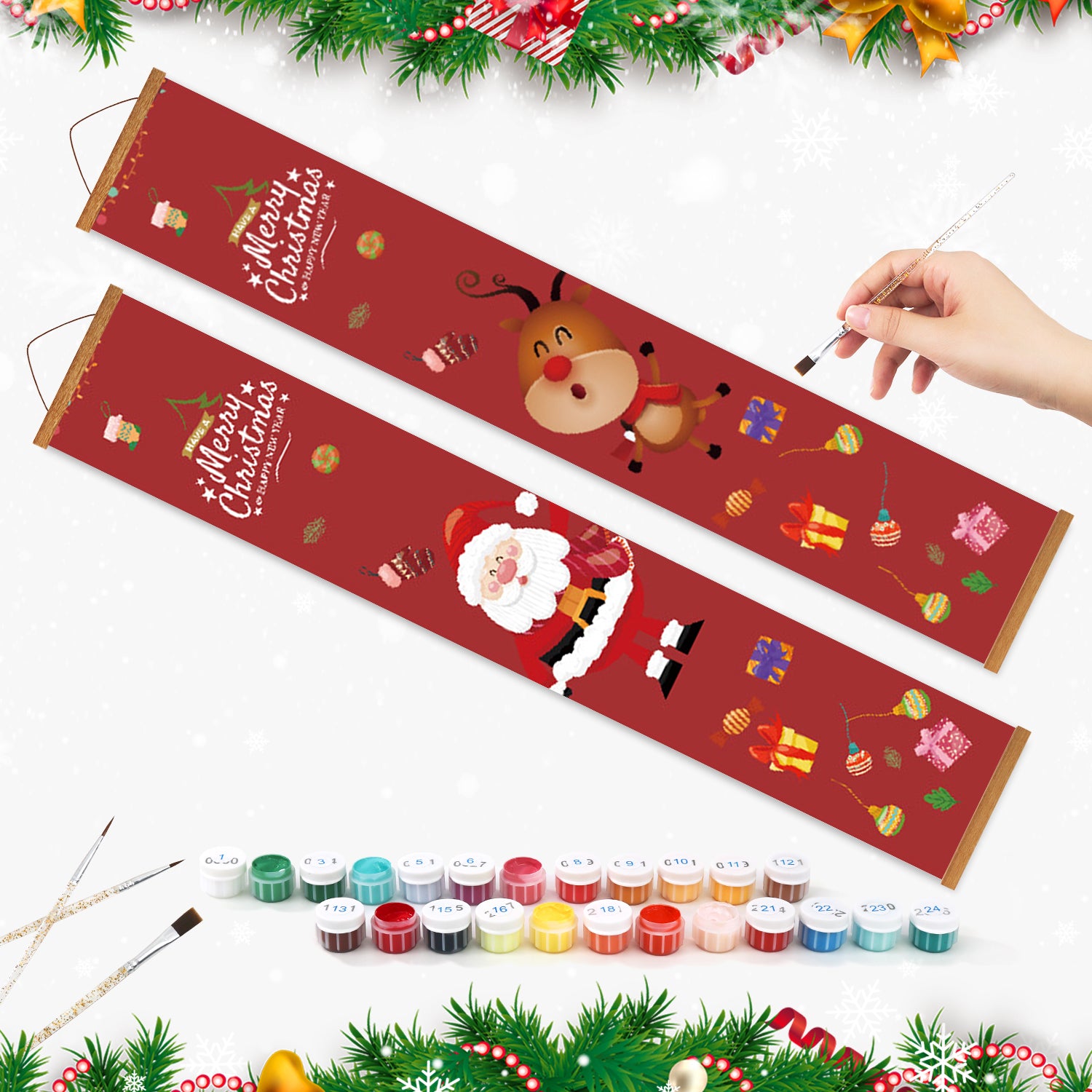 Rollo navideño decorativo con diseño de Papá Noel y renos, rodeado de botellas de pintura y pinceles sobre un fondo blanco.