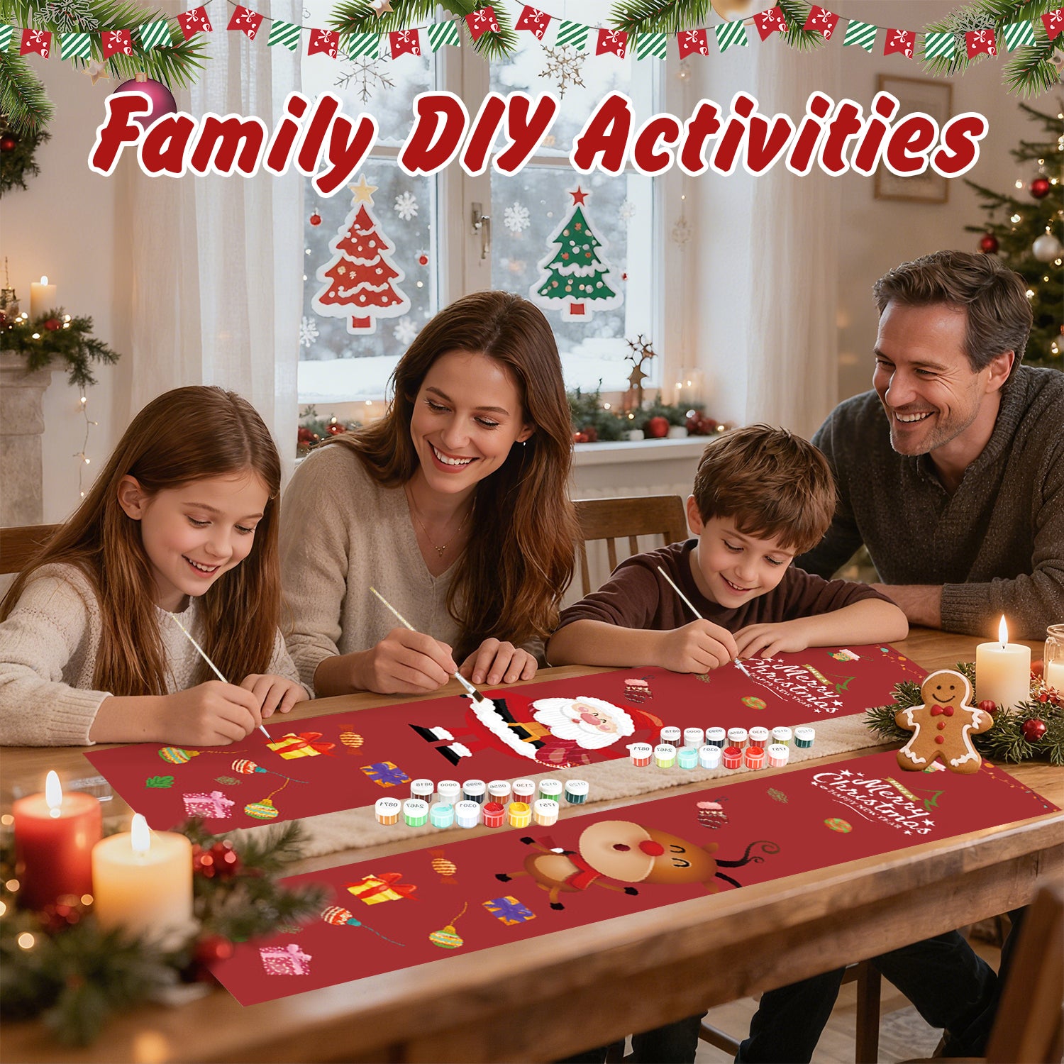 Family engaged in a Christmas-themed activity at a table with festive decorations.