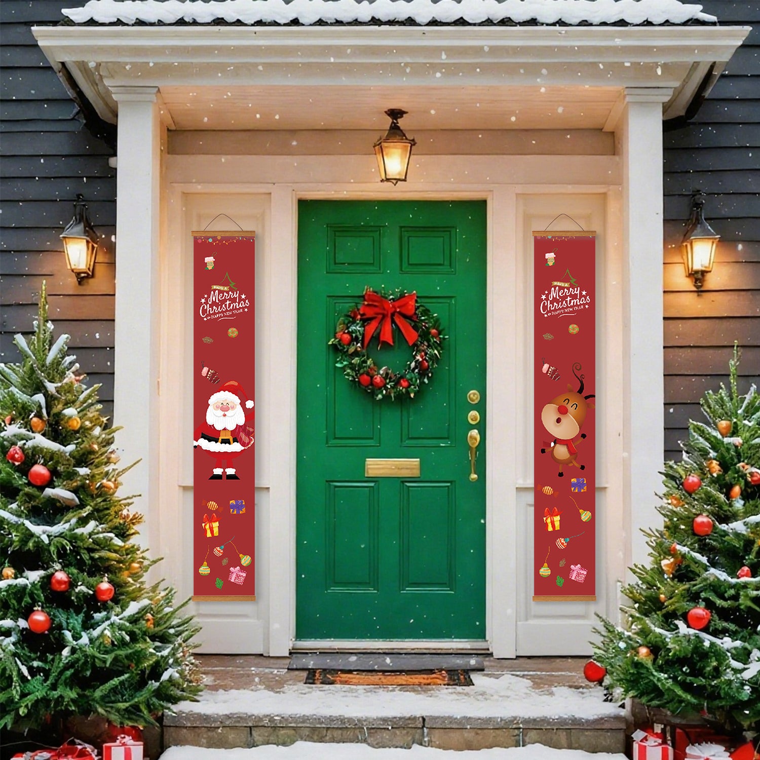 Decorated front door with wreath and Christmas trees on a snowy day