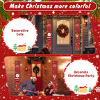 Decorative Christmas gate and party decorations with text overlay on a festive red background.