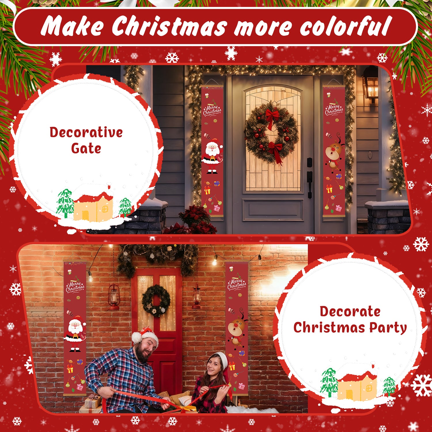 Puerta decorativa de Navidad y adornos de fiesta con texto superpuesto sobre un fondo rojo festivo.