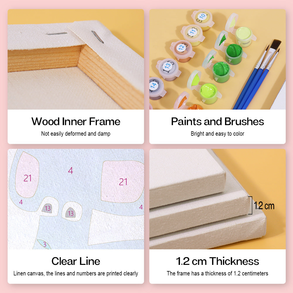 Collage of art supplies including a wood inner frame, paints and brushes, clear line on linen canvas, and measurements.
