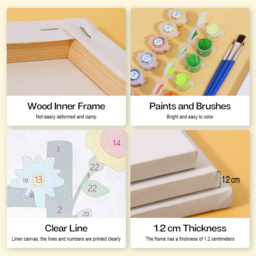 Collage of art supplies including a wood inner frame, paints and brushes, linen canvas with printed lines and numbers, and measurements.