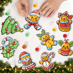 Colorful Christmas-themed stickers on a white surface with hands interacting with them.